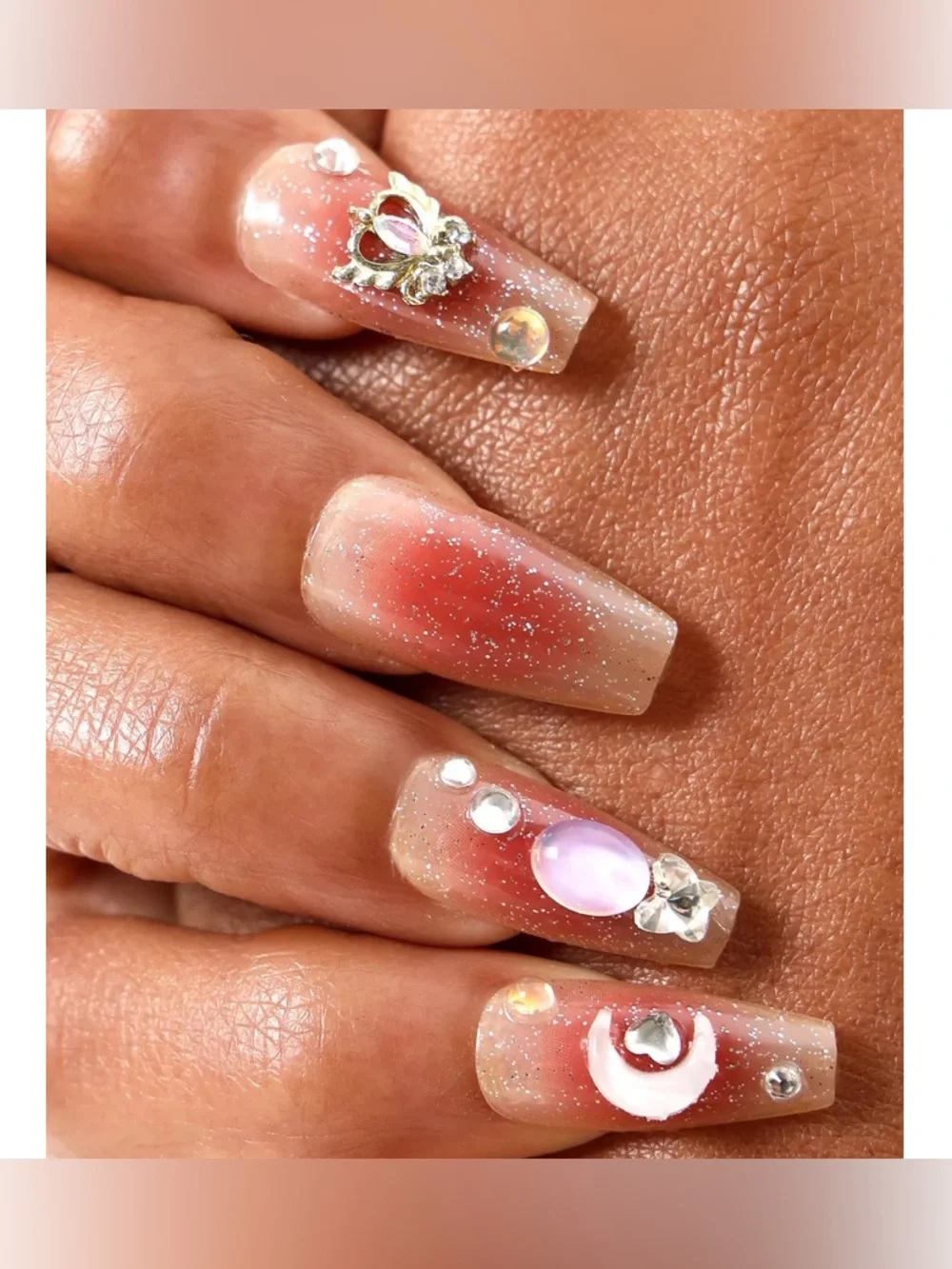 Never Have I Ever Press-On Faux Nails Celestial Moon glitter shine chrome gems
